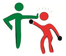 Logo Starkes Auftreten statt starker Fäuste - ein Männchen wehrt den Schlag eines anderen mit der Hand ab