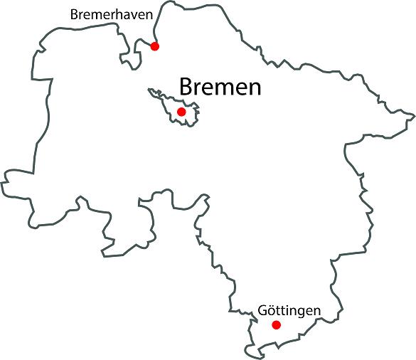Lankarte von Niedersachsne und Bremen / Bremerhaben mit eingezeichneten Tatorten