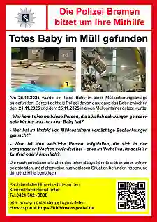 Fahndungsplakat nach dem Fund eines toten Säuglings