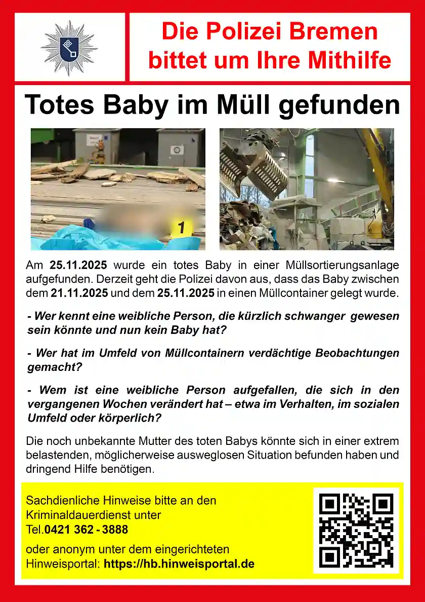 Fahndungsplakat nach dem Fund eines toten Säuglings