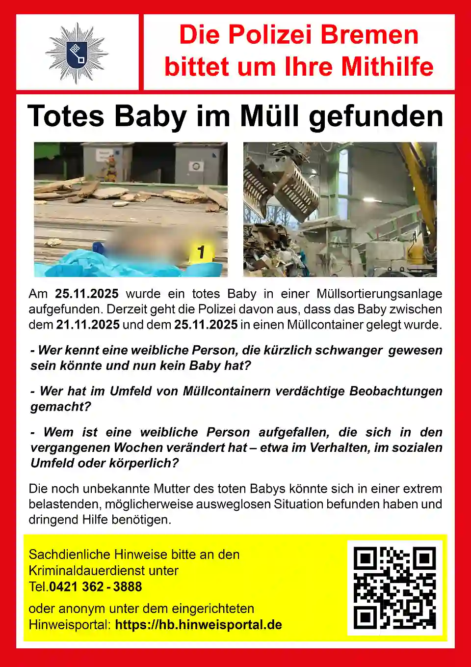 Fahndungsplakat nach dem Fund eines toten Säuglings