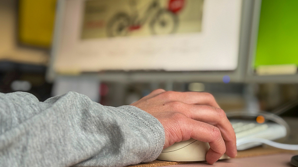 Person sitzt an einem PC und schaut sich eine mutmaßliche Fakeshop-Seite an