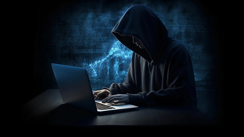 Maskierte Person vor einem Laptop
