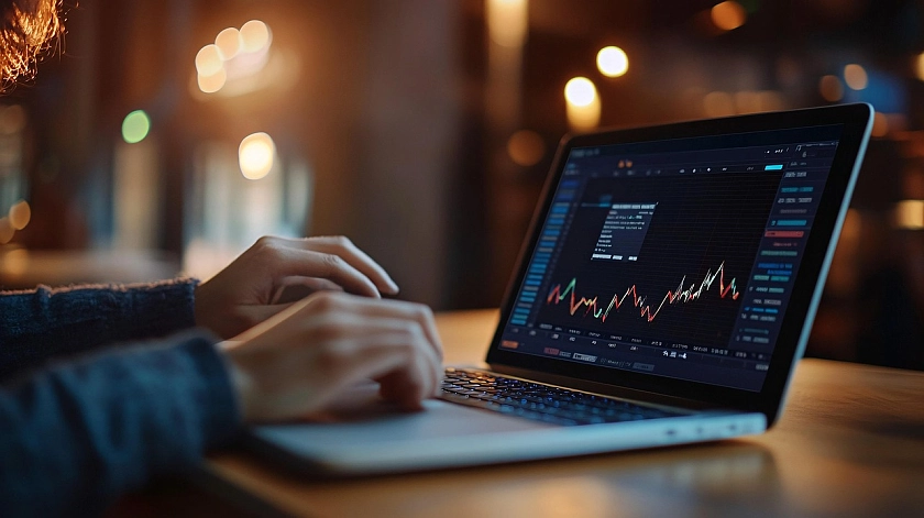 Laptop-Bildschirm mit Finanzkurve / Diagramm 