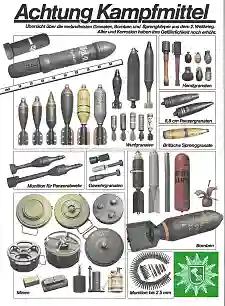 Dargestellt werden diverse Bomen und Sprengmitte wie z.B. Handgranaten, Granaten etc.