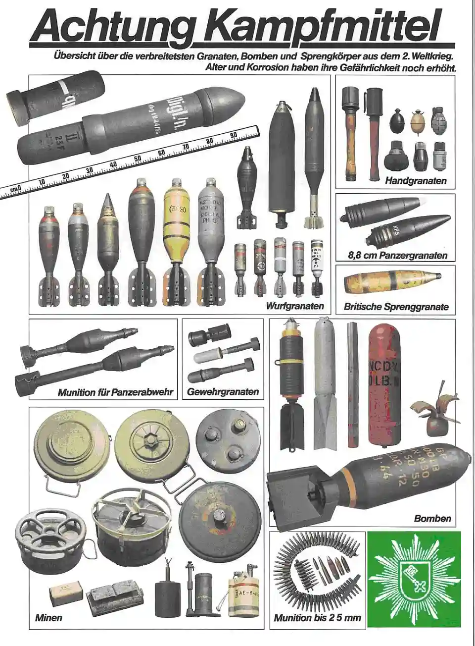 Dargestellt werden diverse Bomen und Sprengmitte wie z.B. Handgranaten, Granaten etc.