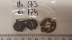 Asservate 173 bis 174: zwei bronzefarbene Broschen / ein mit goldenen Metallplättchen besetzt