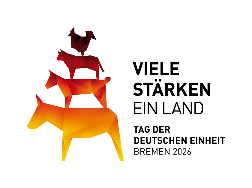 Logo der Einheitsfeier 2026: Stilisierte Bremer Stadtmusikanten in Gelb-, Orange- und Rottönen.