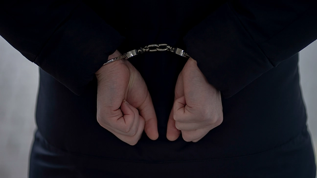 Rückansicht einer Person, deren Hände auf dem Rücken mit Handfesseln fixiert sind 